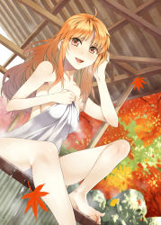 Rule 34 | 1girl, :d, ahoge, arm up, autumn leaves, barefoot, blush, covering privates, feet, holding, leaf, maple leaf, mizuryu kei, naked towel, nude cover, open mouth, orange hair, original, red eyes, sitting, smile, solo, toe-point, toes, towel, water