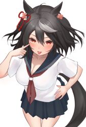 Rule 34 | 1girl, absurdres, ahoge, alternate costume, animal ears, black hair, black skirt, blush, breasts, cleavage, commentary request, cowboy shot, hair between eyes, hand on own hip, highres, horse ears, horse girl, horse tail, irasutodog, kitasan black (umamusume), large breasts, looking at viewer, multicolored hair, neckerchief, red neckerchief, sailor collar, shirt, short hair, short sleeves, simple background, skirt, solo, streaked hair, tail, tongue, tongue out, umamusume, white background, white hair, white shirt