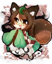 Rule 34 | 1girl, animal ears, bad id, bad pixiv id, brown hair, chibi, fang, female focus, futatsuiwa mamizou, geta, glasses, hands in opposite sleeves, japanese clothes, kaenuco, leaf, leaf on head, object on head, open mouth, pince-nez, raccoon ears, raccoon tail, short hair, smile, solo, tabi, tail, touhou