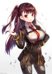 Rule 34 | 1girl, absurdres, bad id, bad pixiv id, black pantyhose, black skirt, blazer, blush, braid, breasts, collared shirt, french braid, girls&#039; frontline, gloves, grey background, hair ribbon, half updo, hand on own hip, hand up, high-waist skirt, highres, jacket, large breasts, long hair, long sleeves, looking at viewer, meliyannn, necktie, one side up, pantyhose, pelvic curtain, purple hair, red eyes, red necktie, red ribbon, ribbon, shirt, simple background, skirt, solo, striped clothes, striped shirt, torn clothes, torn pantyhose, twitter username, very long hair, wa2000 (girls&#039; frontline), white background