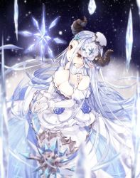 Rule 34 | 1girl, 218, blue hair, breasts, brown eyes, cleavage, crystal, detached sleeves, draph, dress, gloves, granblue fantasy, hat, horns, ice, izmir, large breasts, long dress, long hair, mole, mole under mouth, pointy ears, solo, very long hair, white gloves