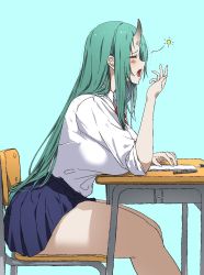 Rule 34 | 1girl, alternate costume, arknights, blue skirt, blush, breasts, chair, closed eyes, collared shirt, commentary request, covering own mouth, desk, eraser, feet out of frame, from side, green hair, highres, horns, hoshiguma (arknights), large breasts, leaning forward, long hair, long sleeves, makino, miniskirt, open mouth, pen, profile, school chair, school desk, school uniform, shirt, sitting, skin-covered horns, skirt, solo, thick thighs, thighs, very long hair, white shirt, yawning