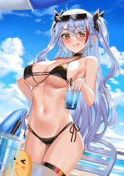 Rule 34 | 1girl, :q, absurdres, azur lane, bikini, black bikini, black choker, blush, breasts, brown eyes, choker, commentary request, cross, cross earrings, cup, disposable cup, earrings, flag print, german flag bikini, highres, holding, holding cup, iron cross, jewelry, large breasts, long hair, looking at viewer, manjuu (azur lane), mole, mole on breast, multicolored hair, navel, prinz eugen (azur lane), prinz eugen (unfading smile) (azur lane), ribbon, shocho, side-tie bikini bottom, silver hair, solo, streaked hair, swimsuit, thigh strap, tongue, tongue out, two side up, very long hair