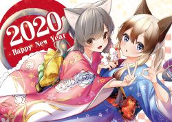 Rule 34 | 2020, 2girls, :3, :d, animal, animal ears, blue kimono, brown hair, cat ears, cat girl, cat tail, chinese zodiac, commentary request, fang, floral print, grey hair, happy new year, highres, japanese clothes, kimono, long hair, long sleeves, looking at viewer, mouse (animal), multiple girls, nengajou, new year, obi, ok sign, one side up, open mouth, original, parted lips, pink kimono, print kimono, rose print, rukinya (nyanko mogumogu), sash, smile, tail, teeth, twintails, upper teeth only, v, wide sleeves, year of the rat