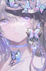 Rule 34 | 1girl, blue nails, blush, bug, butterfly, butterfly earrings, butterfly on hand, choker, close-up, closed mouth, collarbone, colorful, earrings, glint, grey hair, hair between eyes, hand over eye, hand up, hyatsu, index finger raised, insect, iridescent, jewelry, lipgloss, long bangs, long hair, looking at viewer, multicolored hair, nail polish, original, portrait, purple choker, purple eyes, purple hair, solo, star (symbol)