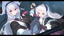 Rule 34 | 2girls, arknights, black dress, black gloves, black headwear, black sleeves, breasts, detached sleeves, dress, gloves, grey eyes, grey hair, hat, head wings, heichi, highres, holding, holding hands, irene (arknights), letterboxed, long hair, long sleeves, looking at viewer, lower teeth only, medium breasts, multicolored clothes, multicolored dress, multiple girls, nail polish, official alternate costume, open mouth, pink dress, red eyes, scar, scar across eye, smile, specter (arknights), specter the unchained (arknights), teeth, upper body, very long hair, white dress, white hair, wings