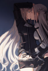 Rule 34 | 2girls, ak-12 (girls&#039; frontline), an-94 (girls&#039; frontline), arm up, barcode, barcode tattoo, black gloves, black jacket, blonde hair, blue eyes, braid, closed mouth, closed eyes, french braid, girls&#039; frontline, gloves, hairband, hand on another&#039;s hip, highres, jacket, kiss, leg between thighs, long hair, long sleeves, looking at another, military, military uniform, multiple girls, short shorts, shorts, silver hair, tattoo, uniform, yhyh, yuri