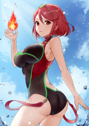 Rule 34 | 1girl, ass, backless outfit, bare arms, bare shoulders, black one-piece swimsuit, blue sky, breasts, casual one-piece swimsuit, closed mouth, cloud, competition swimsuit, cowboy shot, day, fire, fire, from behind, haru (nakajou-28), highres, large breasts, looking at viewer, looking back, neon trim, official alternate costume, one-piece swimsuit, outdoors, pyra (pro swimmer) (xenoblade), pyra (xenoblade), pyrokinesis, red eyes, red hair, short hair, sky, smile, solo, swimsuit, tiara, twisted torso, water, xenoblade chronicles (series), xenoblade chronicles 2