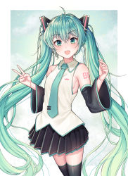 Rule 34 | 1girl, :d, absurdres, ahoge, aqua necktie, bad id, bad pixiv id, black skirt, black sleeves, black thighhighs, blue hair, blush, breasts, collared shirt, cowboy shot, detached sleeves, dress shirt, floating hair, green eyes, hair between eyes, hair ornament, hatsune miku, highres, long hair, long sleeves, looking at viewer, miniskirt, necktie, open mouth, pleated skirt, salukino, shiny clothes, shiny legwear, shirt, sideboob, skirt, sleeveless, sleeveless shirt, small breasts, smile, solo, standing, thighhighs, twintails, v, very long hair, vocaloid, white background, white shirt, wide sleeves, wing collar, zettai ryouiki