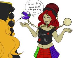 Rule 34 | 2girls, :d, blonde hair, breasts, collar, dark-skinned female, dark skin, earth (ornament), hecatia lapislazuli, junko (touhou), large breasts, lips, long hair, moon (ornament), multiple girls, navel, off-shoulder shirt, off shoulder, open mouth, red eyes, red hair, robin (unlimited world), shirt, skirt, smile, touhou, wavy hair