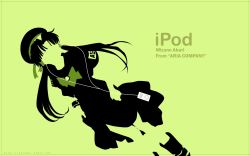 Rule 34 | 00s, 1girl, apple inc., aria (manga), character name, copyright name, digital media player, dutch angle, earphones, faceless, faceless female, facing viewer, green background, green theme, highres, ipod, ipod ad, limited palette, mizunashi akari, monochrome, parody, product placement, short hair with long locks, silhouette, simple background, solo, wallpaper