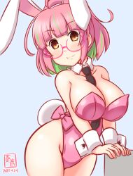 Rule 34 | 1girl, alternate costume, animal ears, artist logo, bare legs, bare shoulders, between breasts, blue background, blush, breasts, cleavage, cowboy shot, dated, detached collar, fake animal ears, fake tail, glasses, gradient background, green hair, kanon (kurogane knights), kantai collection, large breasts, leotard, multicolored hair, necktie, necktie between breasts, one-hour drawing challenge, pink-framed eyewear, pink hair, pink leotard, playboy bunny, rabbit ears, rabbit tail, red eyes, short hair, smile, solo, strapless, strapless leotard, streaked hair, tail, tray, ume (kancolle), wrist cuffs
