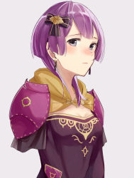 Rule 34 | 1girl, armor, bernadetta von varley, black bow, blush, bow, breasts, closed mouth, dress, earrings, fire emblem, fire emblem: three houses, grey background, grey eyes, hair bow, haru (nakajou-28), highres, hood, jewelry, looking at viewer, nintendo, nose blush, purple dress, purple eyes, purple hair, short hair, shoulder armor, simple background, small breasts, solo, pauldrons, strapless, strapless dress, upper body