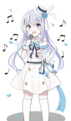 Rule 34 | 1girl, :d, absurdres, beamed eighth notes, blue eyes, blue hair, blue ribbon, blush, commentary request, dress, eighth note, feet out of frame, frilled dress, frills, gloves, gochuumon wa usagi desu ka?, hair between eyes, hair ornament, hairband, highres, holding, holding microphone, k12040707, kafuu chino, kneehighs, long hair, microphone, musical note, neck ribbon, off-shoulder dress, off shoulder, open mouth, ribbon, shadow, simple background, smile, socks, solo, tilted headwear, very long hair, white background, white dress, white gloves, white hairband, white headwear, white socks, x hair ornament