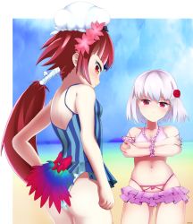 Rule 34 | 2girls, ass, bare shoulders, beach, benienma (fate), benienma (summer enma-tei) (fate), bikini, bikini skirt, blue one-piece swimsuit, blue sky, blush, breasts, closed mouth, collarbone, crossed arms, day, fate/grand order, fate (series), flower, frilled bikini, frills, hair flower, hair ornament, highres, kama (fate), kama (summer enma-tei) (fate), long hair, looking at viewer, looking back, low ponytail, multiple girls, navel, one-piece swimsuit, outdoors, pink bikini, red eyes, red hair, scrunchie, short hair, silver hair, sky, small breasts, striped clothes, striped one-piece swimsuit, summer enma-tei, suntakuchan, swim cap, swimsuit, thighs, vertical-striped clothes, vertical-striped one-piece swimsuit, wrist scrunchie