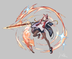 Rule 34 | 1girl, animal ears, arknights, bag, black jacket, blue eyes, brown hair, cross, cross hair ornament, fingernails, fire, flaming sword, flaming weapon, fox, grey background, hair ornament, highres, holding, holding sword, holding weapon, jacket, long hair, mask, mek, mouth mask, nail polish, open clothes, open jacket, original, pantyhose, red nails, signature, simple background, solo, sparkle, standing, sword, tail, weapon