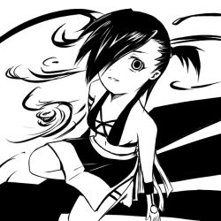 Rule 34 | 1girl, barefoot, enma, enma (character), greyscale, hair over one eye, looking up, monochrome, ponytail, short hair, side ponytail, solo, staring, tattoo, tetsuji