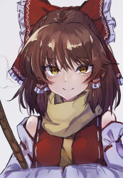 Rule 34 | 1girl, bow, brown eyes, brown hair, closed mouth, detached sleeves, grey background, hair bow, hair tubes, hakurei reimu, looking at viewer, nari (bikkii), red bow, ribbon-trimmed sleeves, ribbon trim, scarf, sidelocks, simple background, smile, solo, touhou, upper body, yellow scarf