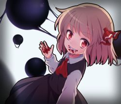 Rule 34 | 1girl, ascot, bad id, bad nicoseiga id, blonde hair, blood, blood on face, blood on hands, darkness, female focus, grin, hair ribbon, long sleeves, red eyes, ribbon, rumia, short hair, skirt, skirt set, smile, solo, touhou, yue teitoku