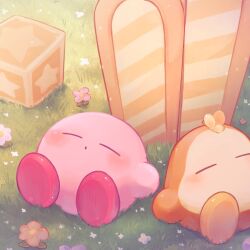 Rule 34 | :o, blush, bug, butterfly, butterfly on head, closed eyes, closed mouth, commentary request, day, flower, grass, highres, insect, kirby, kirby&#039;s return to dream land, kirby (series), lemo (lemo 0141), nintendo, no humans, on grass, orange flower, outdoors, pink flower, sitting, sleeping, star (symbol), star block, waddle dee, white flower, yellow butterfly