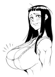 Rule 34 | 1girl, 2023, black hair, blush, borrowed character, breasts, cleavage, collarbone, commentary, covered erect nipples, english commentary, female focus, from side, hair over shoulder, highres, hime cut, huge breasts, large breasts, long hair, looking up, majori (skellyjacks1), messy hair, mole, mole under mouth, monochrome, muscular, muscular female, nervous smile, original, profile, simple background, skellyjacks1, smile, solo, sweat, thundersharxxx, upper body, white background