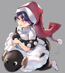 Rule 34 | 1girl, asuzemu, blue eyes, blue hair, book, breasts, capelet, doremy sweet, dress, grey background, hat, large breasts, long hair, looking at viewer, multicolored clothes, multicolored dress, nightcap, nightgown, open mouth, pom pom (clothes), red hat, sheep, short hair, smile, stuffed animal, stuffed sheep, stuffed toy, tail, tapir tail, touhou