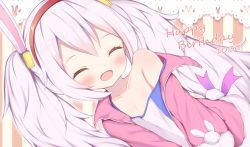 Rule 34 | 1girl, animal ears, azur lane, bare shoulders, camisole, closed eyes, eyelashes, fake animal ears, hairband, happy, irokari, jacket, laffey (azur lane), light blush, long hair, long sleeves, looking at viewer, off shoulder, open clothes, open mouth, pink jacket, rabbit ears, red eyes, silver hair, smile, solo, strap slip, twintails, white camisole