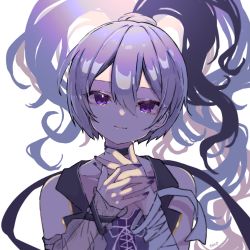 Rule 34 | 1girl, absurdres, asymmetrical sleeves, backlighting, bandaged arm, bandages, bare shoulders, blouse, collarbone, commentary, flower (vocaloid), flower (vocaloid3), high ponytail, highres, katorea, long hair, looking at viewer, nail polish, own hands together, ponytail, purple eyes, purple hair, purple nails, purple shirt, see-through, see-through sleeves, shirt, sleeveless, sleeveless shirt, smile, solo, upper body, vocaloid, white background, white hair