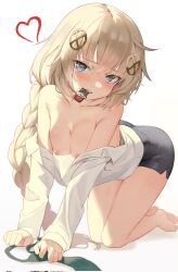 Rule 34 | 1girl, all fours, barefoot, black skirt, blonde hair, blue eyes, blush, braid, breasts, chocolate, clothes down, collarbone, collared shirt, commentary, corrupted twitter file, fnc (girls&#039; frontline), full body, girls&#039; frontline, green necktie, hair ornament, heart, highres, lemures, long hair, looking at viewer, medium breasts, mouth hold, necktie, nipples, open clothes, open shirt, pencil skirt, shirt, simple background, skirt, solo, unworn necktie, white background, white shirt