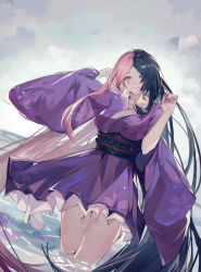 Rule 34 | 1girl, absurdres, arms behind head, black hair, breasts, chinese commentary, closed mouth, cowboy shot, curled fingers, dress, forever 7th capital, frilled dress, frills, hand up, highres, japanese clothes, kimono, long hair, looking at viewer, multicolored hair, nayuko (wuyou nayuko), parted bangs, pink eyes, pink hair, purple dress, purple kimono, scenery, short kimono, simple background, smile, thighs, two-tone hair, very long hair, water, wide sleeves, yukata, yuri (forever 7th capital)