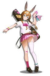 Rule 34 | 1girl, alternate costume, amiya (arknights), animal ears, arknights, asymmetrical legwear, azema, bandaid, bandaid on knee, bandaid on leg, bead bracelet, beads, blue eyes, bracelet, breasts, brown footwear, brown hair, cellphone, choker, closed mouth, full body, guitar case, hand up, holding, holding phone, instrument case, jewelry, loafers, long hair, looking at viewer, manhole cover, mismatched legwear, navel, outstretched arm, panties, pantyshot, phone, pink panties, pink skirt, pink thighhighs, pleated skirt, rabbit girl, shoes, short sleeves, simple background, single thighhigh, skirt, small breasts, smartphone, smile, solo, standing, thighhighs, underwear, uneven legwear, white background, white thighhighs