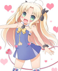 Rule 34 | 1girl, :d, ahoge, astarotte ygvar, bare shoulders, blonde hair, bow, bow legwear, clothing cutout, cowboy shot, demon tail, detached collar, dress, fang, green eyes, hair ribbon, heart, heart background, heart cutout, long hair, lotte no omocha!, navel, navel cutout, nekono rin, open mouth, outstretched arm, pointy ears, ribbon, simple background, smile, solo, tail, thighhighs, twintails, white background, white thighhighs, wrist cuffs