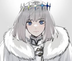 Rule 34 | 1boy, am zatta, blue eyes, cape, closed mouth, commentary request, crown, diamond hairband, fate/grand order, fate (series), fur collar, grey hair, light blush, light particles, long sleeves, looking at viewer, male focus, medium hair, no wings, oberon (fate), official alternate costume, simple background, solo, transparent background, twitter username, upper body, white cape, white fur, white hair