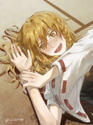 Rule 34 | 1girl, absurdres, aihara-rina, blonde hair, blush, braid, chinese commentary, commentary request, highres, kirisame marisa, long hair, lying, no headwear, on back, open mouth, ribbon-trimmed sleeves, ribbon trim, side braid, single braid, smile, solo, touhou, yellow eyes