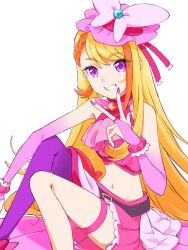 Rule 34 | 1girl, belt, black belt, blonde hair, bridal gauntlets, brooch, commentary, crop top, cure butterfly, gloves, grin, haruru (dontacocon), highres, hijiri ageha, hirogaru sky! precure, jewelry, long hair, magical girl, midriff, miniskirt, multicolored hair, nail polish, navel, orange hair, pantyhose, pink gloves, pink headwear, pink nails, pink skirt, precure, purple eyes, purple pantyhose, simple background, single leg pantyhose, skirt, smile, solo, streaked hair, symbol-only commentary, thigh strap, v, very long hair, white background, wing brooch