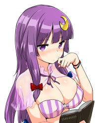 Rule 34 | 1girl, blush, book, bow, breasts, cleavage, crescent, crescent hair ornament, covered erect nipples, female focus, hair bow, hair ornament, large breasts, long hair, looking at viewer, patchouli knowledge, purple eyes, purple hair, simple background, solo, touhou, upper body, white background, zaxwu
