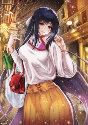 Rule 34 | 1girl, :o, asagik23, bad anatomy, bad id, bad pixiv id, bag, black hair, black sky, blush, bow, breasts, building, hair bow, hand up, handbag, highres, jewelry, lamppost, large breasts, long hair, long sleeves, looking at viewer, original, outdoors, red eyes, ring, shirt, shopping bag, skirt, sky, snowing, solo, spring onion, standing, twitter username, very long hair, watch, white bow, white shirt, window, winter, wristwatch, yellow skirt