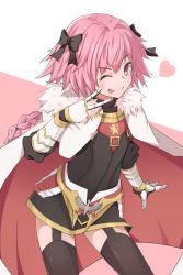 Rule 34 | 1boy, armor, astolfo (fate), black bow, black thighhighs, bow, braid, cloak, fate/apocrypha, fate/grand order, fate (series), fur-trimmed cloak, fur collar, fur trim, garter straps, hair bow, heart, long braid, long hair, looking at viewer, male focus, multicolored hair, one eye closed, open mouth, pink hair, purple eyes, single braid, smile, solo, streaked hair, thighhighs, tongue, tongue out, tostos, trap, v