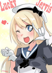 Rule 34 | 1girl, ;d, black neckwear, blonde hair, blue eyes, blue sailor collar, character name, dress, gloves, hat, highres, jervis (kancolle), kanade (kanadeya), kantai collection, long hair, looking at viewer, m/, one eye closed, open mouth, sailor collar, sailor dress, short sleeves, simple background, smile, solo, upper body, white background, white gloves, white hat