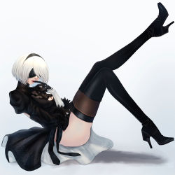 Rule 34 | 1girl, black dress, black footwear, black hairband, black thighhighs, blindfold, boots, breasts, cleavage, cleavage cutout, clothing cutout, commentary request, dress, feather trim, from side, full body, gloves, hairband, high heel boots, high heels, legs up, lips, long sleeves, medium breasts, mitsuki nite, mole, mole under mouth, nier:automata, nier (series), puffy sleeves, shadow, short dress, short hair, simple background, sitting, thigh boots, thighhighs, thighs, white hair, 2b (nier:automata)