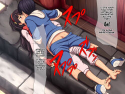 Rule 34 | 1boy, 1girl, asamiya athena, ass, barefoot, black hair, blue shorts, blush, breasts, deserved rape, feet, fingerless gloves, gloves, hard-translated, just deserts, kiss, maku (l-u), missionary, paralyzed, rape, sex, shorts, sie kensou, soles, sweat, the king of fighters, third-party edit, toes