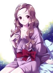 Rule 34 | 1girl, blush, bow, breasts, brown hair, cleavage, fire emblem, fire emblem fates, hana (fire emblem), japanese clothes, kimono, long hair, nintendo, pink eyes, sitting, solo, tooco