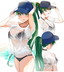 Rule 34 | 1girl, absurdres, asymmetrical bangs, baseball cap, bikini, black bikini, blue headwear, blush, breasts, duplicate, earrings, fire emblem, fire emblem: the blazing blade, green eyes, green hair, hat, high ponytail, highres, jewelry, large breasts, long hair, looking at viewer, lyn (fire emblem), multiple views, nintendo, ormille, ponytail, see-through, shirt, smile, swimsuit, thighs, wading, water, wet, wet clothes, wet shirt, white background