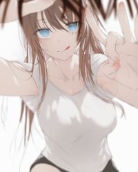 Rule 34 | 1girl, 1other, :&gt;, :q, armpit peek, bangosu, black shorts, blue eyes, blurry, breasts, brown hair, closed mouth, collarbone, commentary, constricted pupils, depth of field, eyelashes, eyes visible through hair, fingernails, flick, forehead flick, hair between eyes, hand on another&#039;s head, hands up, highres, long hair, looking at viewer, original, palms, pov, shirt, short shorts, short sleeves, shorts, smile, tongue, tongue out, upper body, white background, white shirt