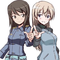 Rule 34 | 2girls, asagi501, belt pouch, blonde hair, brown hair, cosplay, cowboy shot, eila ilmatar juutilainen, eila ilmatar juutilainen (cosplay), girls und panzer, hair between eyes, hand in pocket, highres, keizoku military uniform, long hair, looking at viewer, mika (girls und panzer), mika (girls und panzer) (cosplay), military, military uniform, multiple girls, pouch, purple eyes, smile, smirk, strike witches, uniform, white background, world witches series