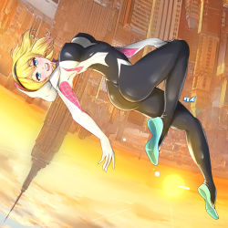 Rule 34 | 1girl, airborne, animification, arched back, ass, blonde hair, blue eyes, blush, bodysuit, breasts, breasts apart, building, city, commentary, covered erect nipples, flying, gwen stacy, hairband, happy, hood, hooded bodysuit, in air, keikyu (tiltedcube), large breasts, laughing, light blush, light rays, long hair, looking at viewer, manhattan, marvel, medium breasts, midair, nipples, open mouth, outdoors, shoes, short hair, skin tight, sky, skyscraper, smile, solo, spider-gwen, spider-man (series), spider web print, sun, sunset, superhero costume, teeth, tongue, upside-down