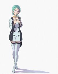 1girl aqua_hair boots collar collarbone dress eureka_(eureka_seven) eureka_seven eureka_seven_(series) full_body green_hair hair_ornament hairclip highres koumoto_yuusei looking_at_viewer purple_eyes shadow short_hair simple_background solo thigh_strap white_background white_footwear