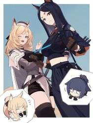 Rule 34 | 4girls, absurdres, animal ears, arknights, blank eyes, blemishine (arknights), blonde hair, blue eyes, breasts, brown eyes, brown gloves, cape, cat ears, collar, dobermann (arknights), dog ears, gloves, hat, highres, holding, holding whip, horse ears, horse tail, jessica (arknights), large breasts, long hair, midriff, mikai 2035, mole, mole under eye, multiple girls, one eye closed, open mouth, ponytail, smile, studded collar, sword, tail, thighhighs, weapon, whip, whislash (arknights)