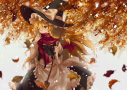 Rule 34 | 1girl, apron, arm up, autumn leaves, black skirt, black vest, blonde hair, blurry, braid, broom, commentary request, cowboy shot, depth of field, expressionless, finger to face, frilled skirt, frills, hair between eyes, hair blowing, hair ribbon, hat, hat ribbon, holding, holding broom, juliet sleeves, kirisame marisa, kirisita, light particles, long hair, long sleeves, looking to the side, one eye closed, puffy sleeves, red scarf, ribbon, scarf, shirt, single braid, skirt, solo, standing, touhou, tree, tress ribbon, very long hair, vest, waist apron, white background, white shirt, wind, witch hat, yellow eyes