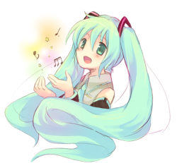 Rule 34 | 1girl, aqua eyes, aqua hair, hatsune miku, long hair, music, musical note, open hands, open mouth, simple background, singing, smile, solo, tachitsu teto, twintails, upper body, vocaloid